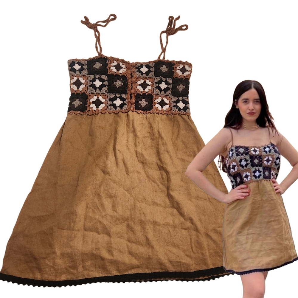 Zara  Bloggers Favorite Tan Brown Crochet Floral Mini Dress Size Small